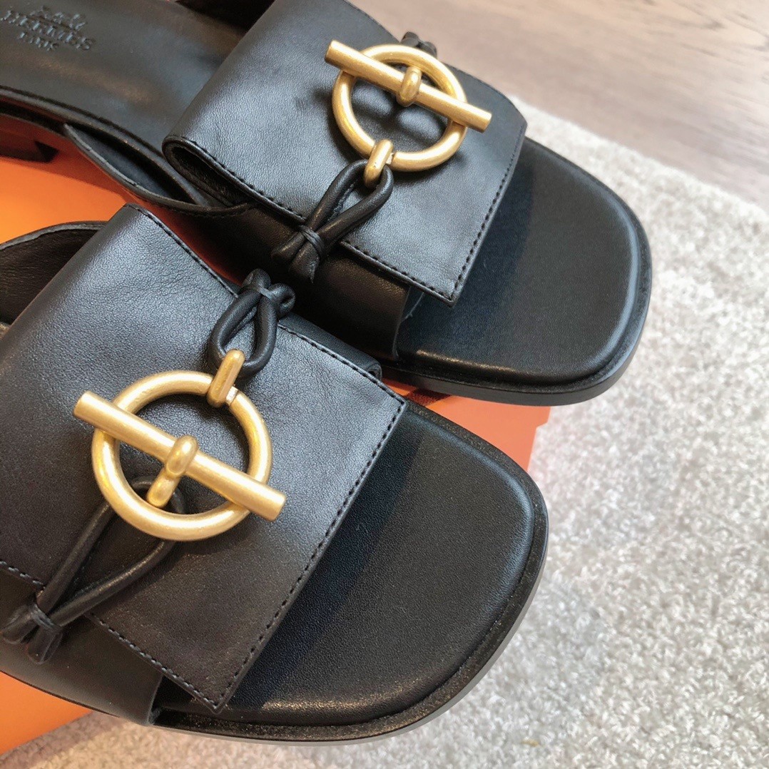 Hermes Women's Isle Sandals in Black Leather