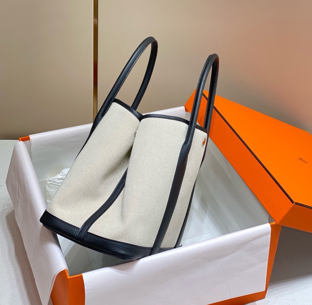 Hermes Garden Party 36cm Bag in Toile and Black Leather