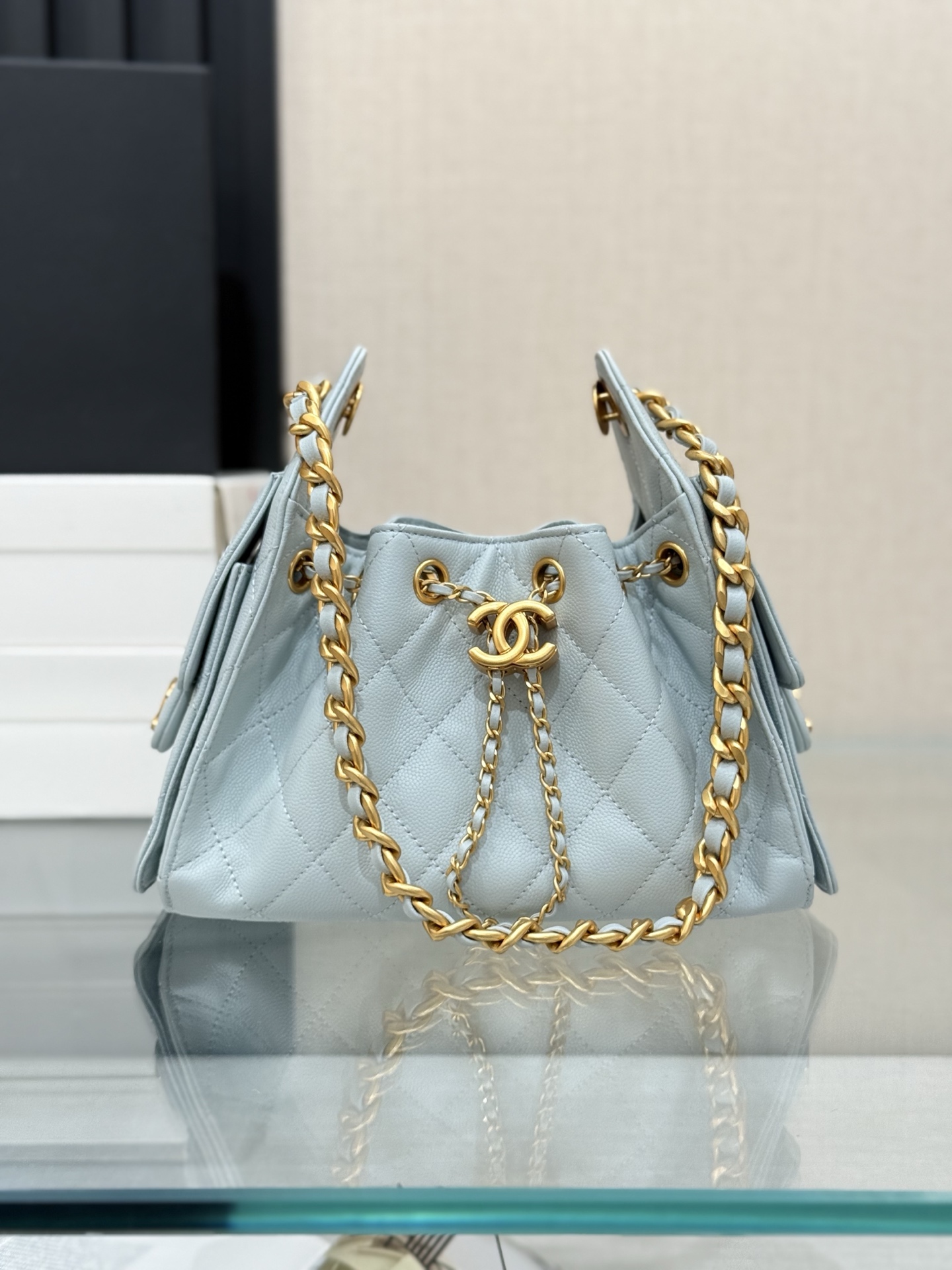 CHANEL 25 mini Handbag in Light Blue Caviar Leather(20*22*12.5cm)
