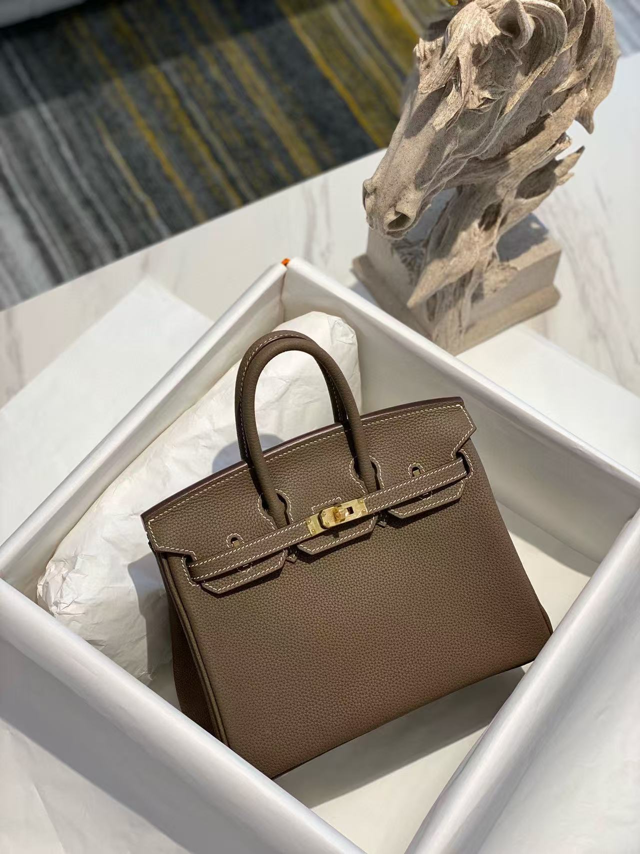 Hermes Birkin 25 Retourne Handmade Bag in Etoupe Togo Leather