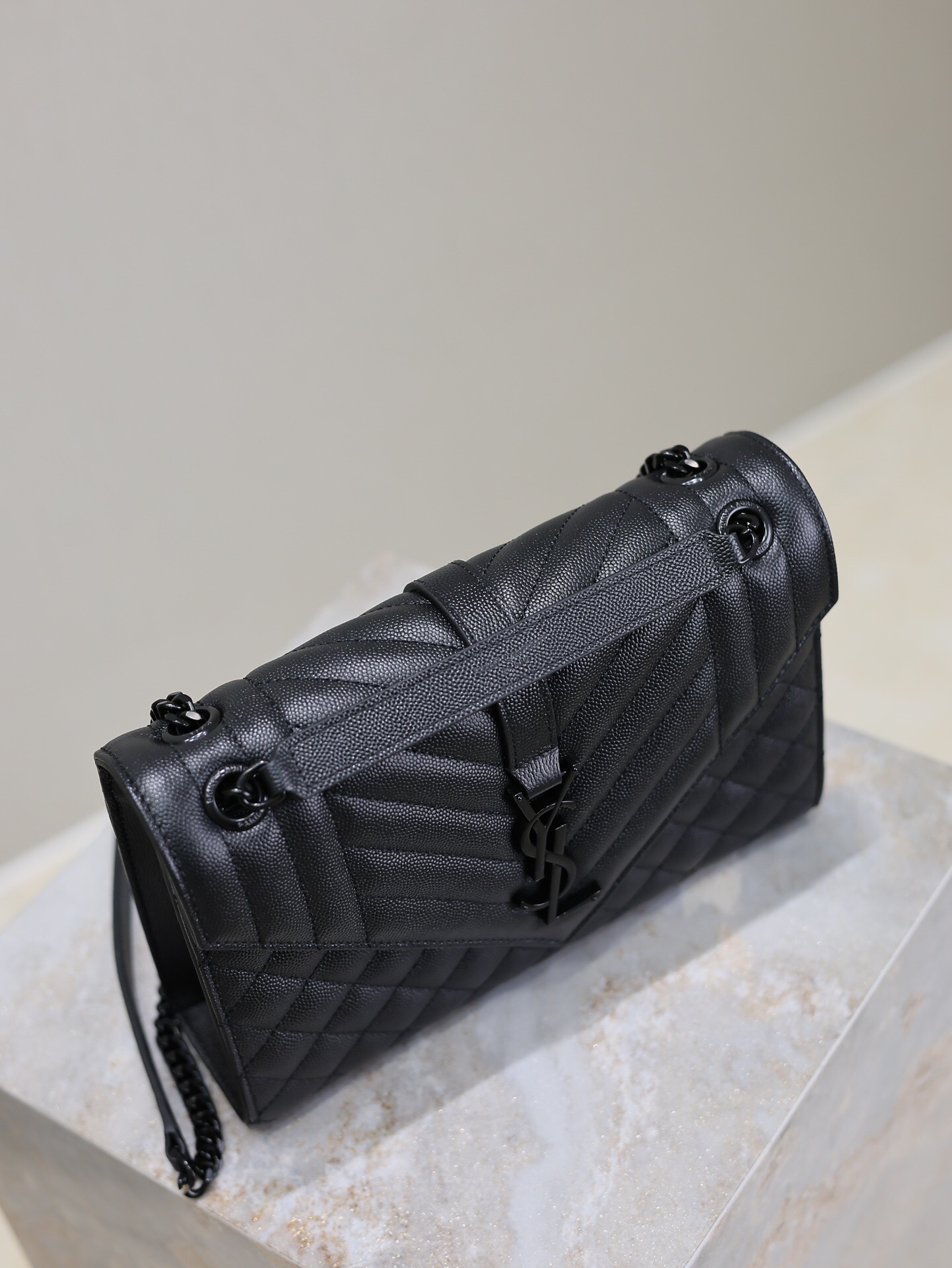 Saint Laurent  Grain De Poudre Textured Mixed Matelasse Triquilt Medium Monogram Monochrome Satchel Black