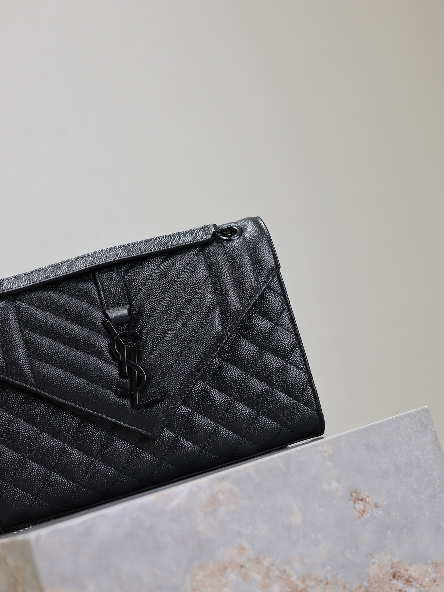 Saint Laurent  Grain De Poudre Textured Mixed Matelasse Triquilt Medium Monogram Monochrome Satchel Black