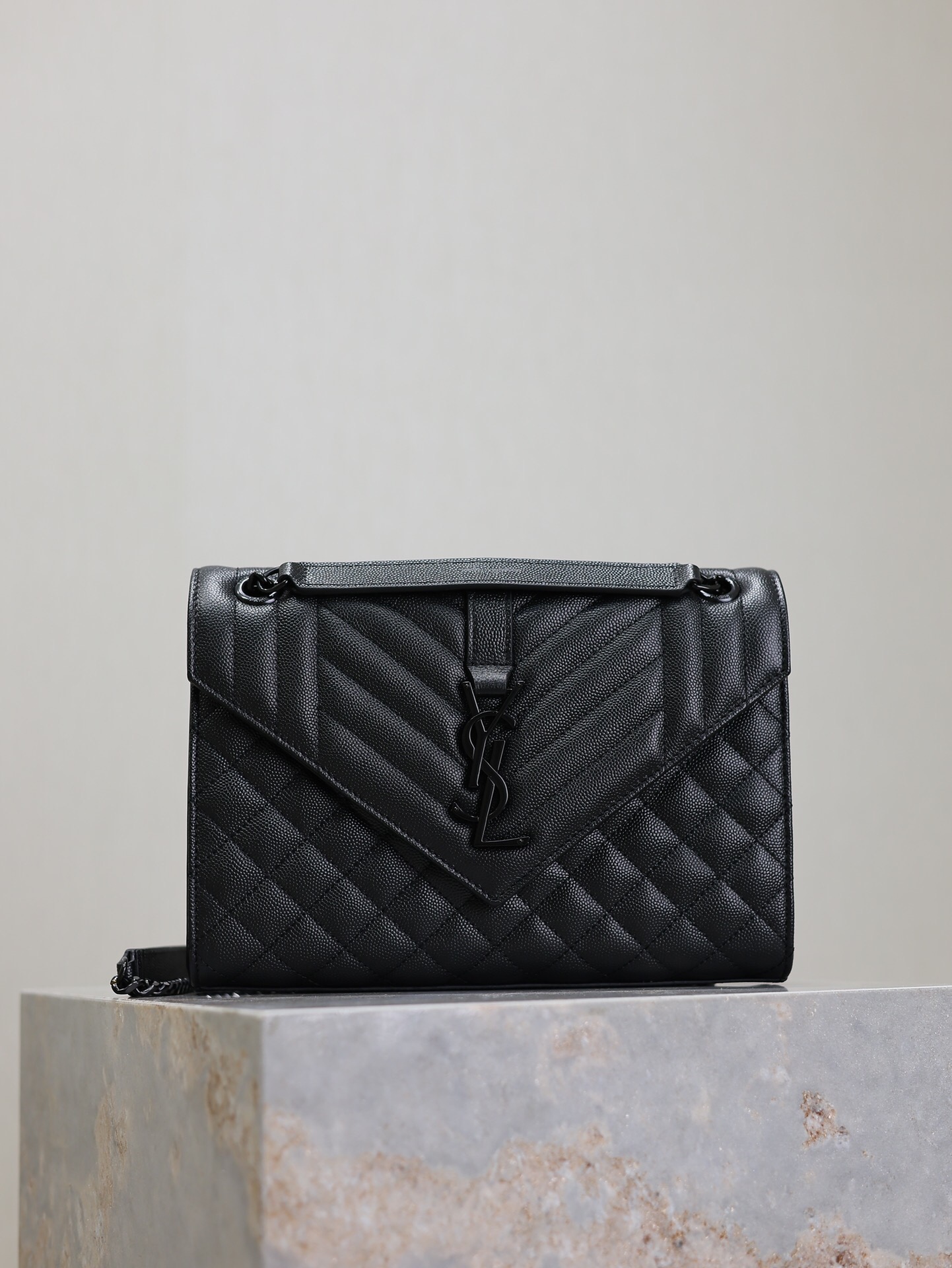 Saint Laurent  Grain De Poudre Textured Mixed Matelasse Triquilt Medium Monogram Monochrome Satchel Black